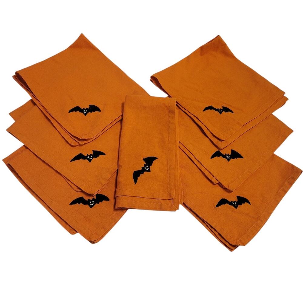 Threshold Halloween Cloth Napkins Orange Black Bats Cotton Set of 7 - 19" x 18"